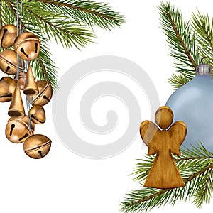 Frame of fir tree branches with Christmas ornaments, jingle bells digital illustration. Spruce branches. wooden toy