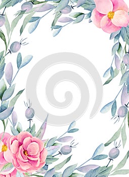Frame, floral border of watercolor pink briar flowers, berries and branches