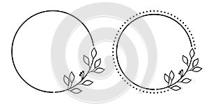 Frame from floral elements. Vector black and white round frame, border, divider, circle shape, branches and leaves. Drawn line art