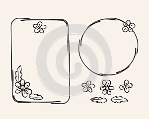 Frame and floral set. Hand drawn ink strokes, sketch borders, doodle line, circle, rectangle shapes for web cards