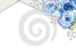 Frame with floral watercolor illustration. Blue roses on white isolated background. Bright flowers, leaves, for wedding stationery