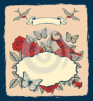 Frame with flowers, birds and heart