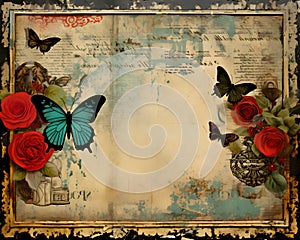 Frame with flowers and butterflies on a old paper background