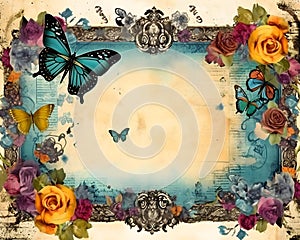 Frame with flowers and butterflies on a old paper background