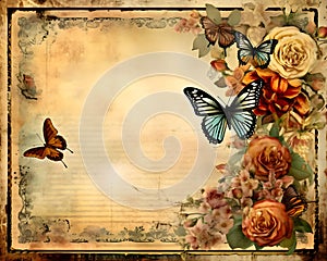 Frame with flowers, skulls and butterflies on a old paper background. Place for your own content