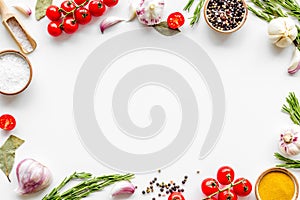 Frame of food for chef work on white background top view space for text