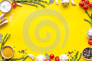 Frame of food for chef work on yellow background top view space for text