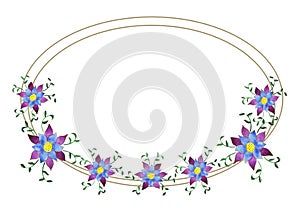 Frame in the form of two golden ellipses with seven watercolor blue-lilac flowers. Isolated raster elements .