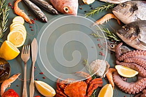 Frame of fresh fish, seafood, octopus, lemon and spice on blue wooden background with copy space.