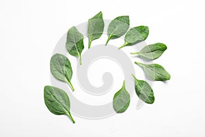 Frame  of fresh green healthy spinach leaves on white background, top view