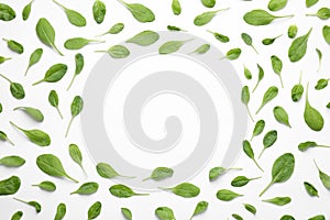 Frame of fresh green healthy spinach on white background, top view