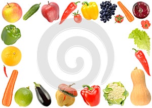 Frame of fresh healthy vegetables and fruits isolated on white