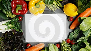 Frame of fresh organic vegetables background and white blank paper on table, Healthy food concept top view.
