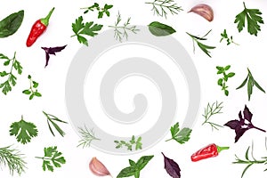 Frame of fresh spices and herbs isolated on white background with copy space for your text. Dill parsley basil. Top view