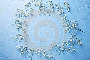 Frame from fresh white gypsofila flowers on blue textured background photo