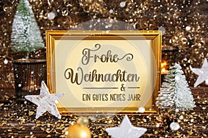 Frame Frohe Weihnachten, Means Merry Christmas, Gold, Glittering Winter Decor