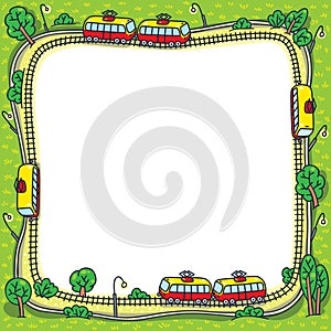 Frame with funny trams and rails