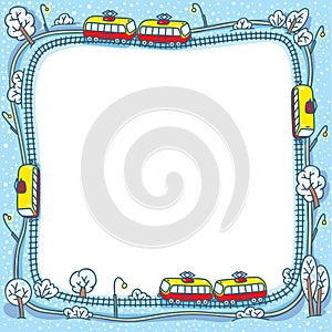 Frame with funny trams and rails
