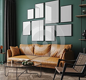 Frame gallery mockup in living room interior with leather sofa, minimalist industrial style