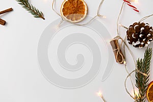 Frame of garland lights and christmas decorations