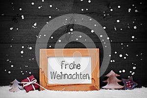 Frame, Gift, Tree, Snow, Snowflakes, Frohe Weihnachten Means Merry Christmas