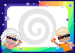 Frame with a girl and a boy in 3D glasses, with a ticket to the cinema and popcorn, rainbow, sky and stars