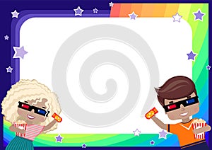 Frame with a girl and a boy in 3D glasses, with a ticket to the cinema and popcorn, rainbow, sky and stars