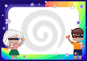Frame with a girl and a boy in 3D glasses, with a ticket to the cinema and popcorn, rainbow, sky and stars