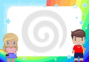 frame with girl and boy, rainbow, sky and stars in cartoon style