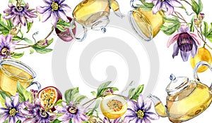 Frame of glass teapot and cup, passion flower, stem watercolor illustration isolated on white. Herbal tea, health drink