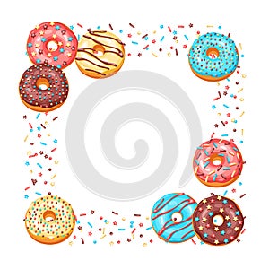 Frame with glaze donuts and sprinkles.