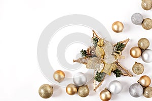 Frame Golden and Silver Balls, Christmas star Top view White Background Christmas