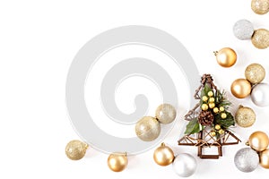 Frame Golden and Silver Balls, Christmas tree Top view White Background Christmas