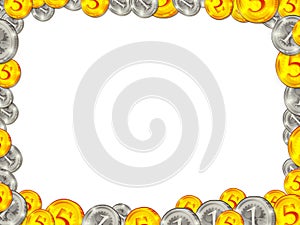 Frame from golden silver coins on white background