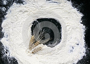 Frame of Golden wheat ears lying on a white powdery baking flour