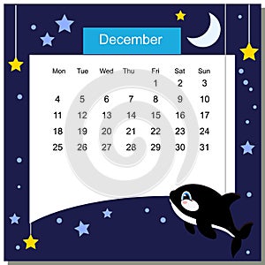 Frame with grampus. Calendar 2017. December. Week Starts Monday