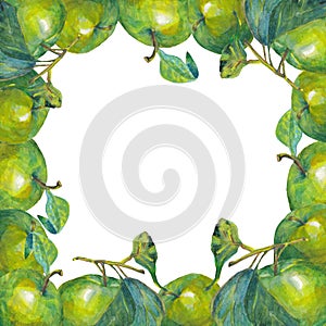 Frame of green apples and leaves. Hand drawing watercolor. Perfect for greeting card, invitation or save the date