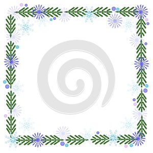 Frame of green christmas tree branches and snowflakes, add your own text. Winter background for christmas or new year design. Illu