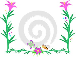 Frame of Green Stalks, Flowers, Bees and Butterfly