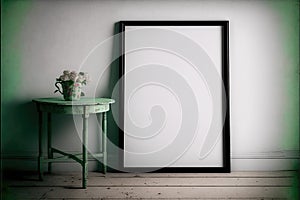 Frame on a green table on a light green wall, ai generated