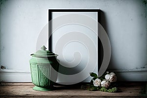 Frame with a green vase and flowers on white wall, ai generated