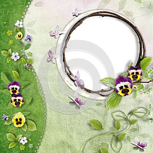 Frame with green wave and pansy