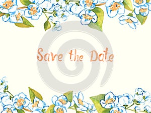 Frame greeting card design of white jasmine blooming branches, isolated on soft yellow Save the Date inscription