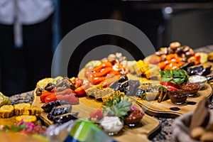 Frame of grilled steak, grilled vegetables, potatoes, salad, different snacks and homemade lemonade, top view. Concept