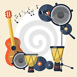 Frame with a guitar, speaker, records, microphone and drums on a light background.