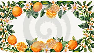 Frame of hand drawn blooming orange tree branches, flowers, oranges on white background, copy space