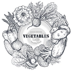 Frame with hand drawn vector farm vegetables in sketch style