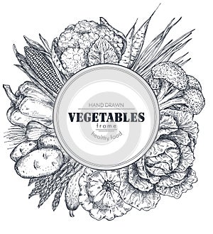 Frame with hand drawn vector farm vegetables in sketch style