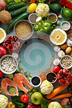 Frame healthy food cereals seeds fish vegetables fruits stone background top view