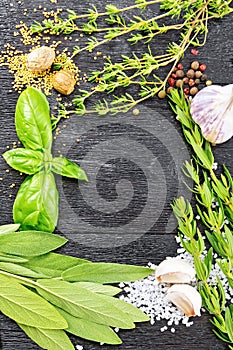 Frame from herbs and spices on black wooden board